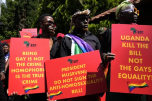 Activists picket against Uganda’s anti-homosexuality bill at the Ugandan High Commission in Pretoria, South Africa in April.Themba Hadebe/Associated Press